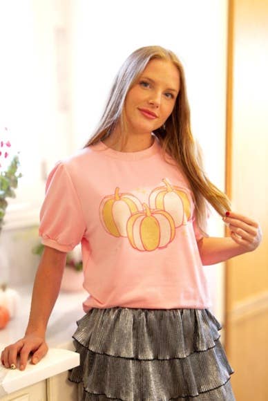 Glitter Pumpkins on Pink Puff Sleeve Top