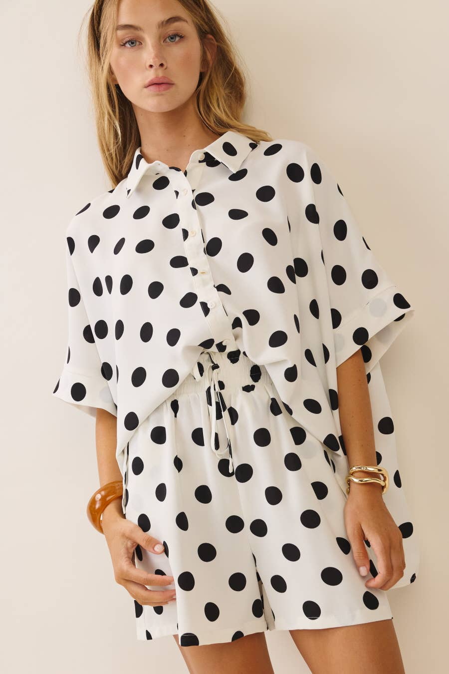 Polka Dot Short Sleeve Button-up Top & Shorts Set